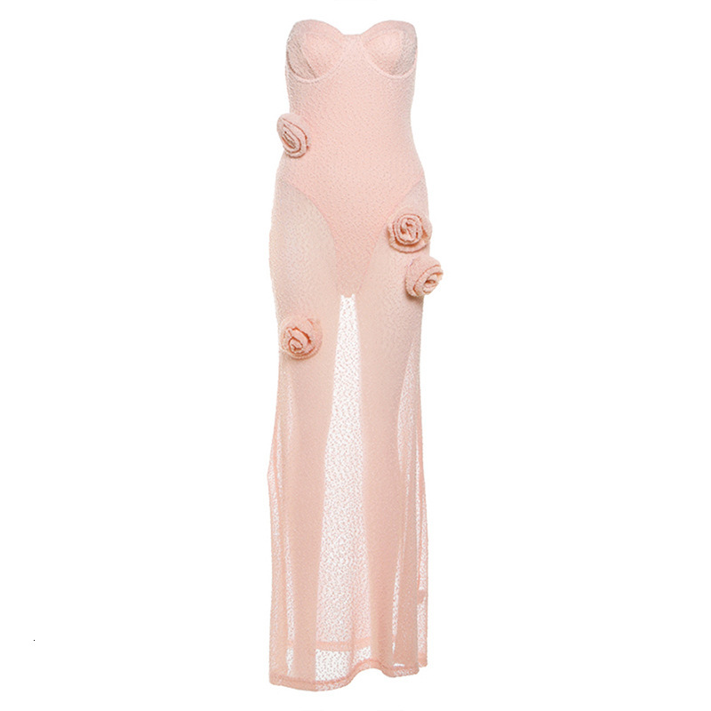 2025 Autumn New Sexy Slim Fit Strapless Sheer Solid Color Long Dress Floral Dress Womens Fashion