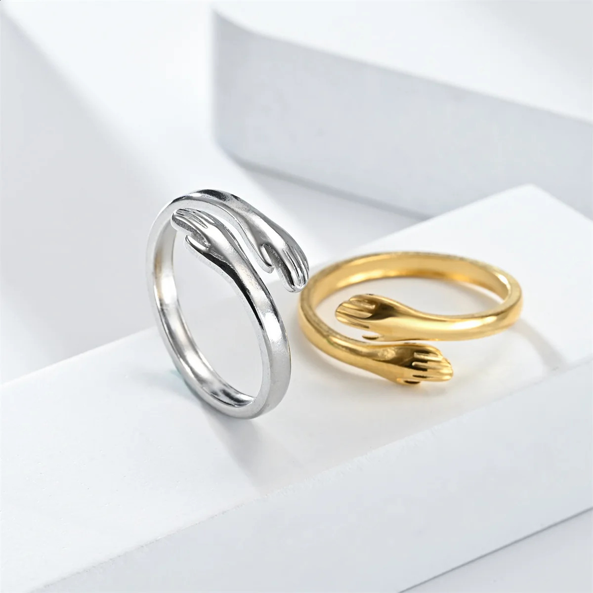 Fashion Hand Hug Ring Stainless Steel Gold Silver Color Adjustable Couple Finger Ring Jewelry For Lovers Valentines Day 250805