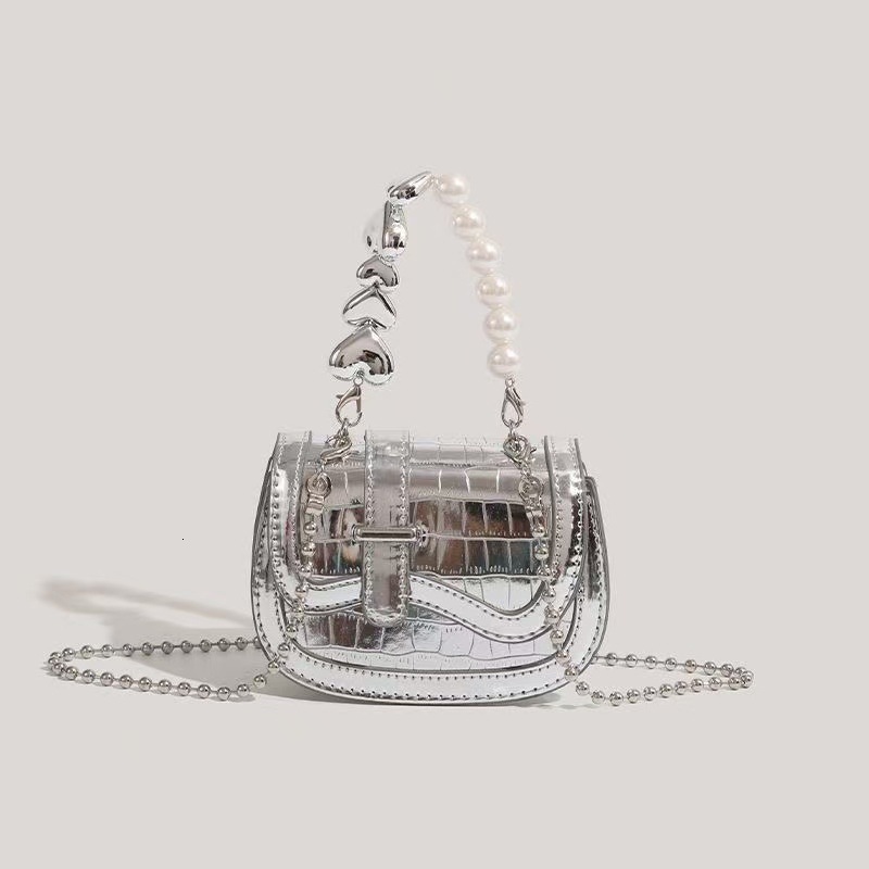 Summer Textured Niche Pearl Chain Crossbody Fashion Mini Silver Handbag for Girls 2025 New Trend ddmymoon