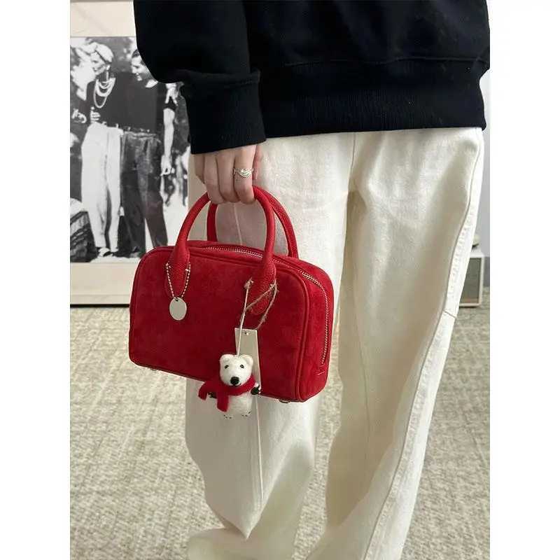 Red Faux Suede Bridal Wedding Bag For Women 2025 New Style Light Luxury High-end Handbag Korean Version Versatile Boston Bag Z250809