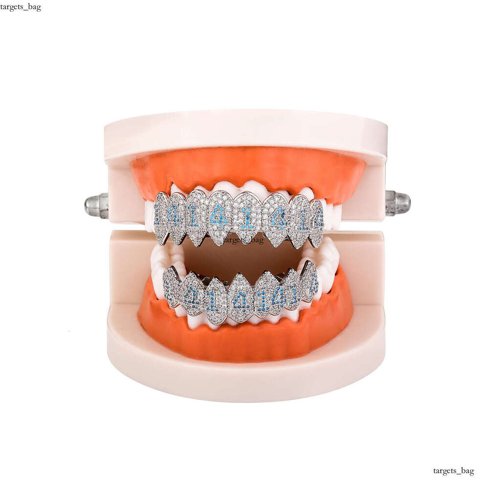 Blue Dia Number Gold Eight Teeth Micro Pave Full Zircon Fangs Set Halloween Vampire Personality Dentures