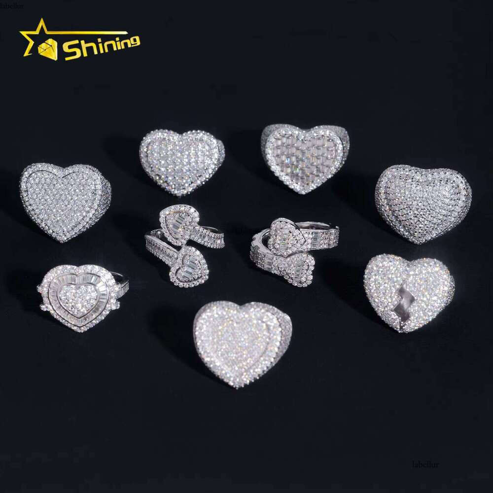 Fine Jewelry Pure Sier Gold-Plated Ice Out Men's Heart-Shaped VVS Silica Hip-Hop Ring