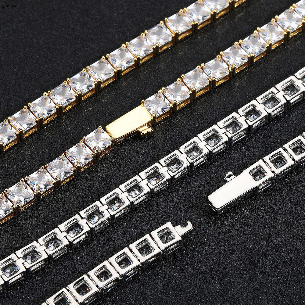 Hip Hop 5.5mm Spring Buckle Tennis Square Moissanite chain Men's Necklace Jewelry Accessories