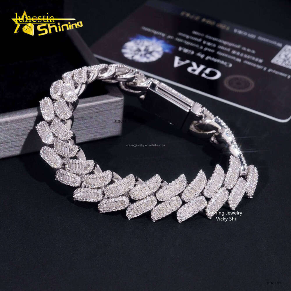 New Fashion Jewelry Rapper Hip Hop Sterling Sier Iced Out Fine Baguette Moissanite Cuban Bracelet