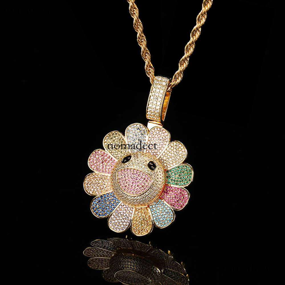 Hip-Hop Rotatable Murakami Suower Trendy Brand Personality Sterling Silver Inlaid Moissanite chain Pendant Necklace