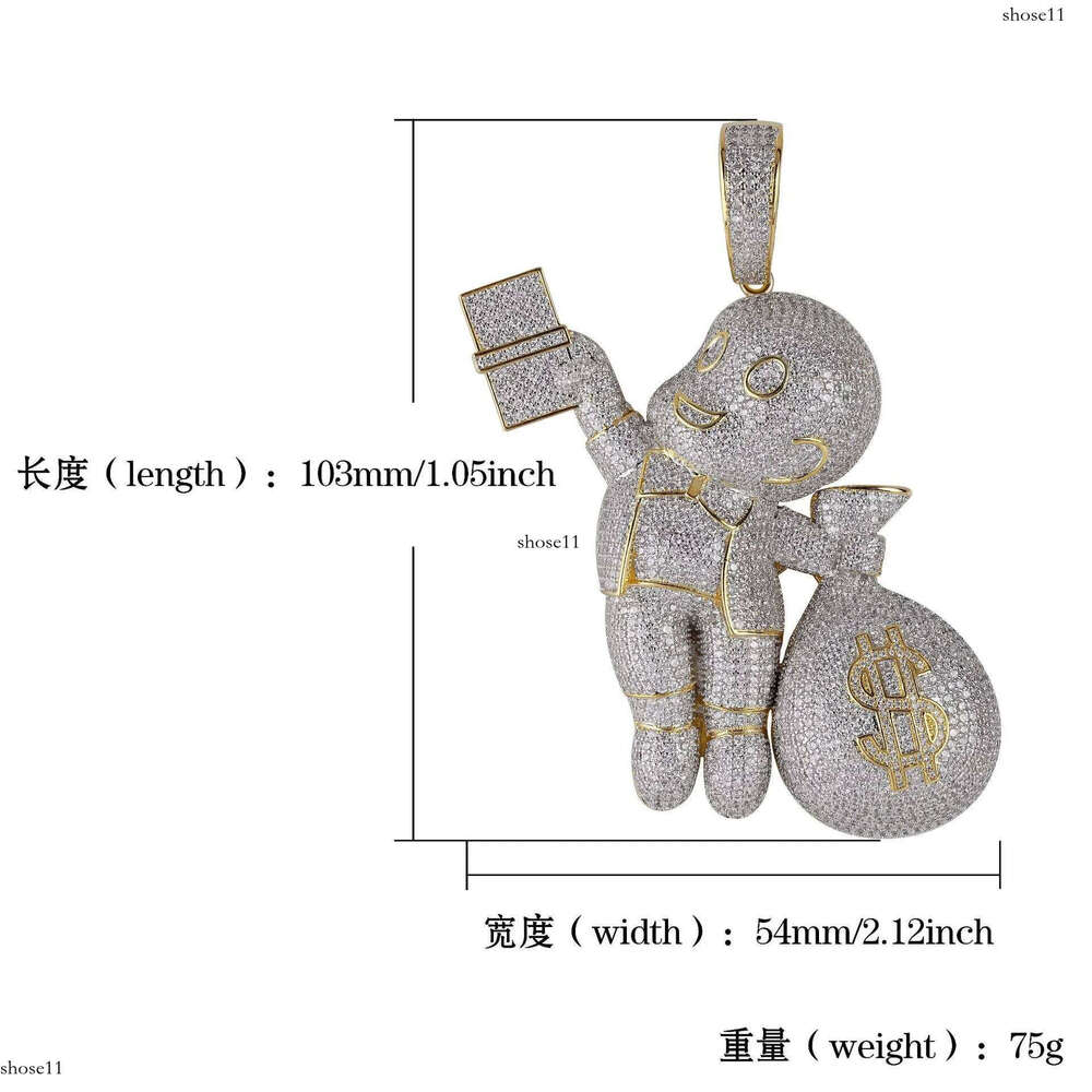 New Personalized Gold Plated Hip Hop Cartoon Boy with Big Money Bag Pendant Necklace Twisted Chain Iced Out CZ Zirconia Jewelry Gifts