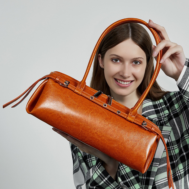 Genuine Leather Niche Biker Style Trendy Cool Belt Decor Handbag New Single Shoulder Underarm Dachshund Baguette Women's Bag