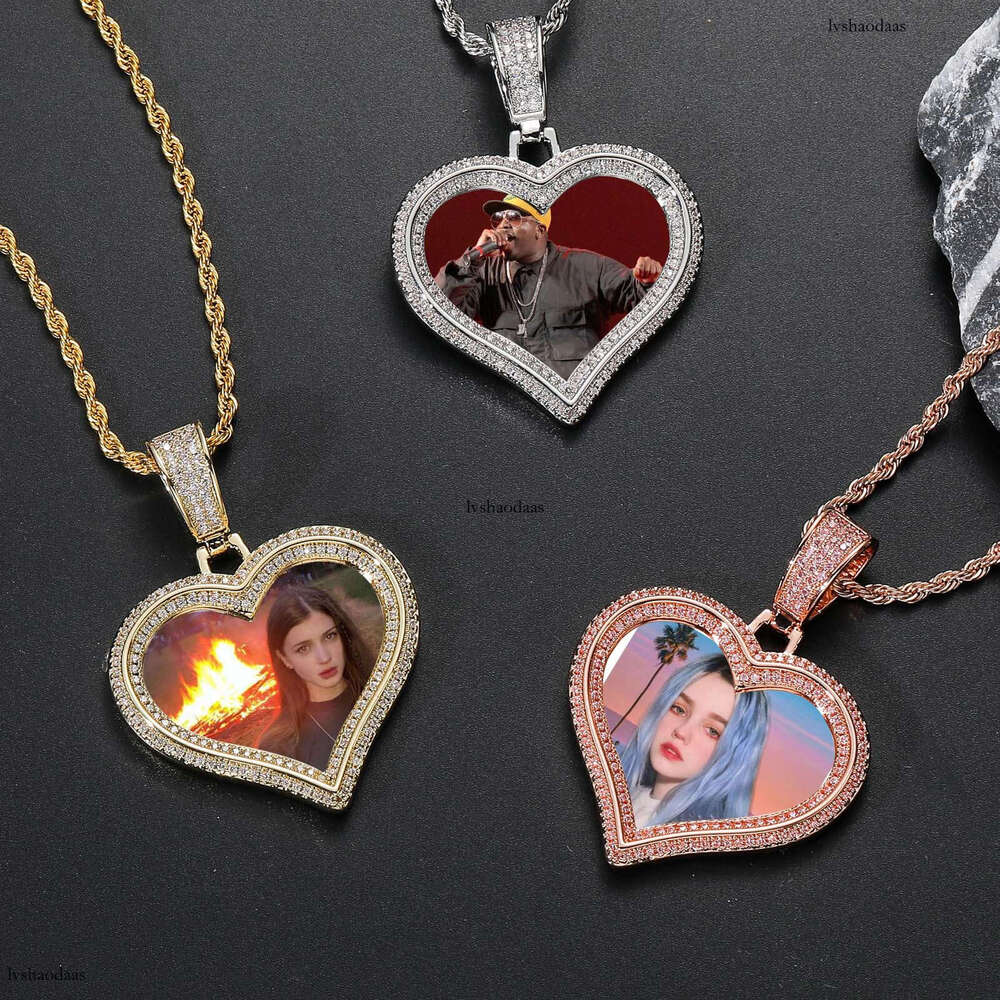 Hip Hop DIY Heart Frame Pendant Couple Photo Micro Paved Moissanite chain Solid Necklace