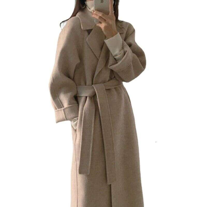 Women's mid-length suit collar loose tie double-sided woolen coat