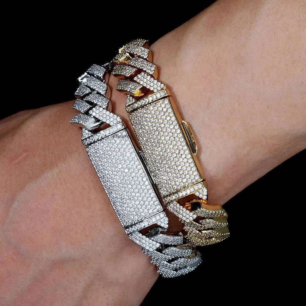NUOYA Hip Hop Jewelry 16mm Dia Chain Inlaid 3 Rows Zircon Sier Plated Iced Out Cuban Link Bracelet for Men Women