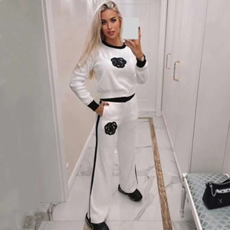 Women's Clothing Camellia Casual Suit Women's Fashionable Style Knitted Wide Leg Pants Woolen Two Piece Set