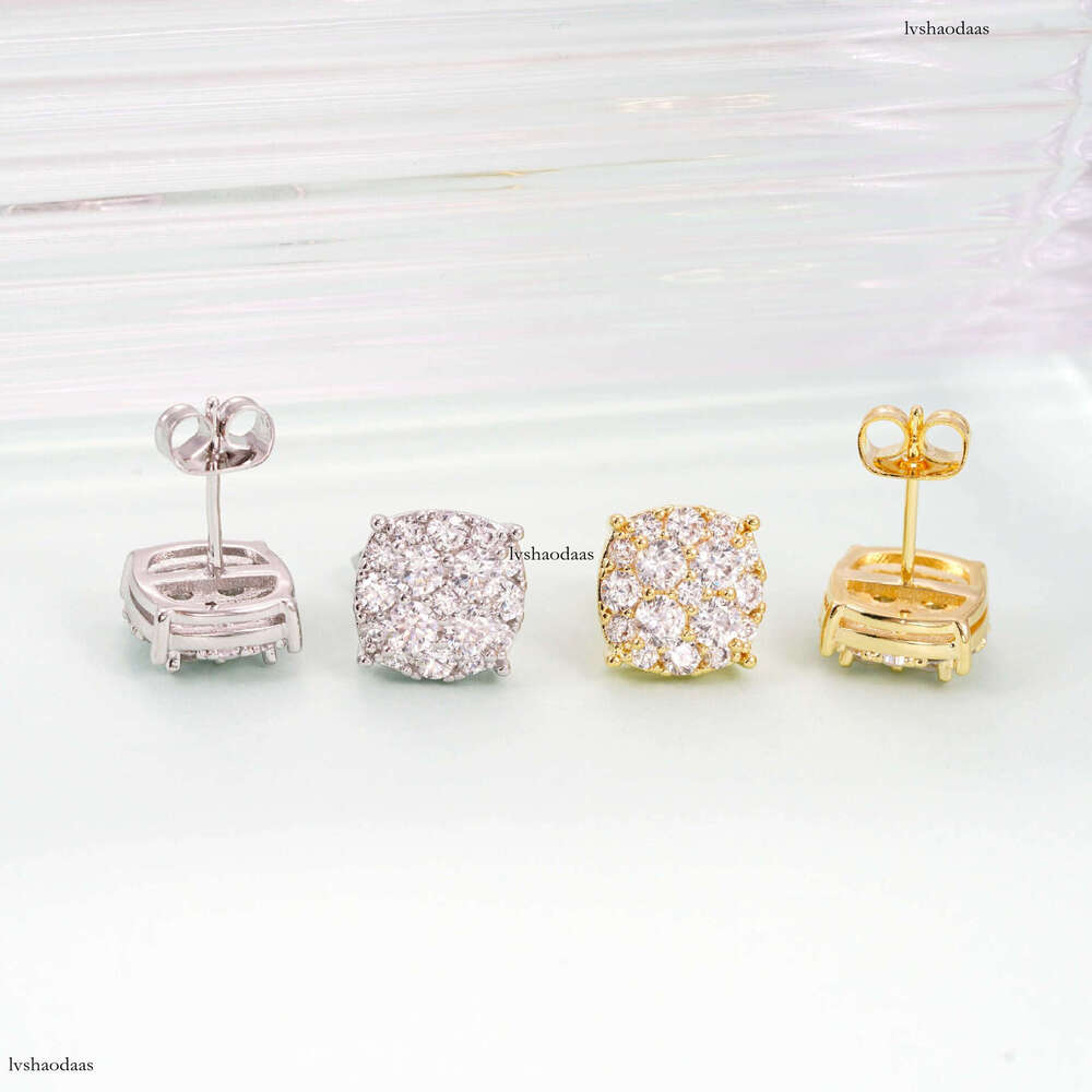 Hot-Selling High-End Ice Flower Round Sier Inlaid Moissanite Unisex Personality Fashion Earrings Jewelry