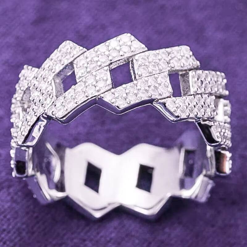 Pass Diamond Tester Hip Hop Bling D Color Moissanite Iced Out Mens 2 Rows Cuban Link Ring With 925 Sterling Silver GRA