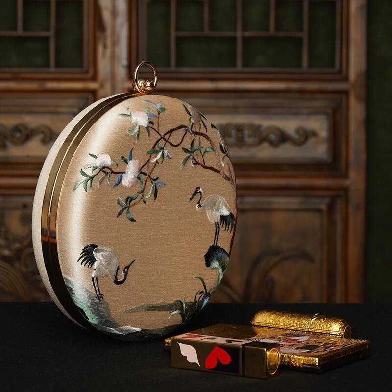 Brand Aristocratic Elegant Round Crossbody Classical Beauty Retro Fashion, Chinese Soviet Style Embroider, Landscape Painting, Flower and Bird Pattern