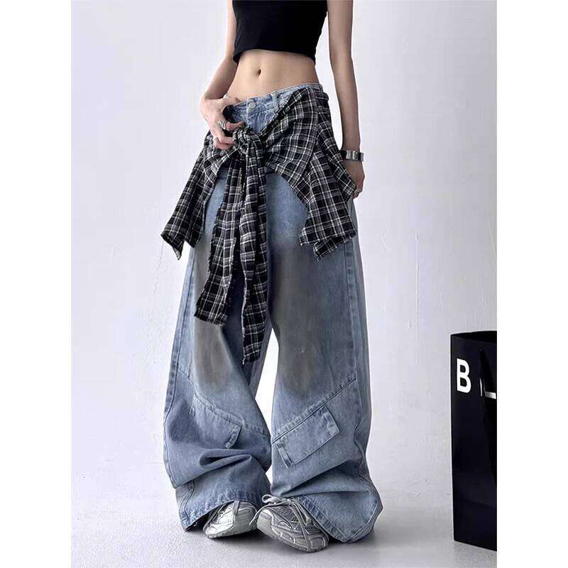 MEXZT Y2K Cargo Jeans Women Haruku Plaid Patchwork Wide Leg Denim Pants Vintage Grunge Korean High Waist Baggy Design Trousers