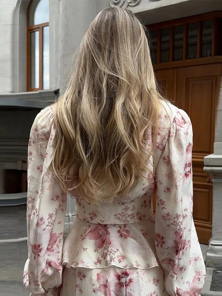 Floral Deep V Neck Dresses Two Piece Set For Women Flared Long Sleeve Shirts Mermaid Sexy Long Skirts Lace Top Ladies Clothes 250808