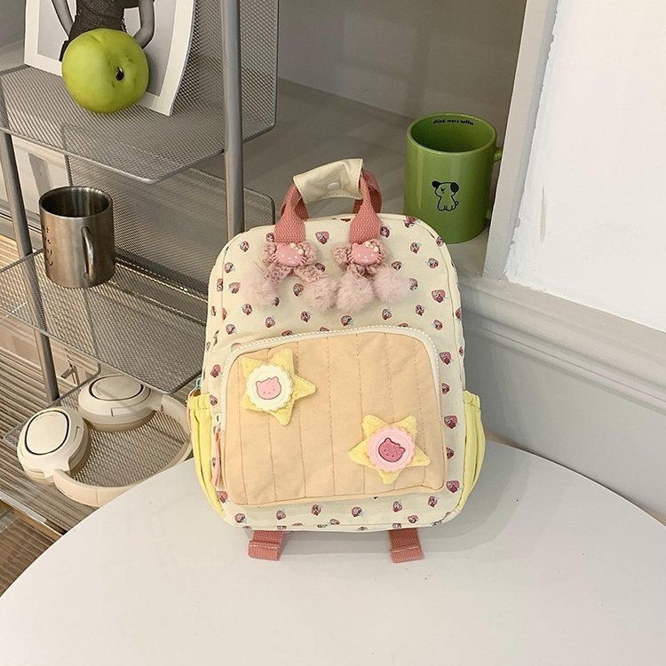 Canvas Printed Dopamine Color-Block Cute Strawberry Casual Backpack ddmymoon