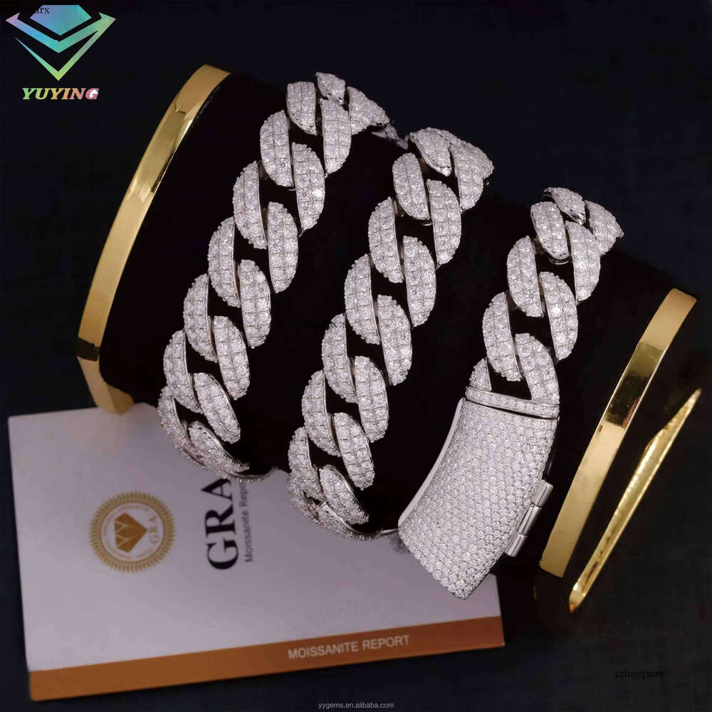 Yu Ying Iced Out Dia 2rows 16mm S Sterling Sier Gold Plated VVS Moissanite Cuban Link Chain Necklace
