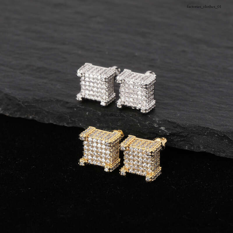 Square Full Zircon Stud Earrings Hip Hop Jewelry Sier Ear Needle