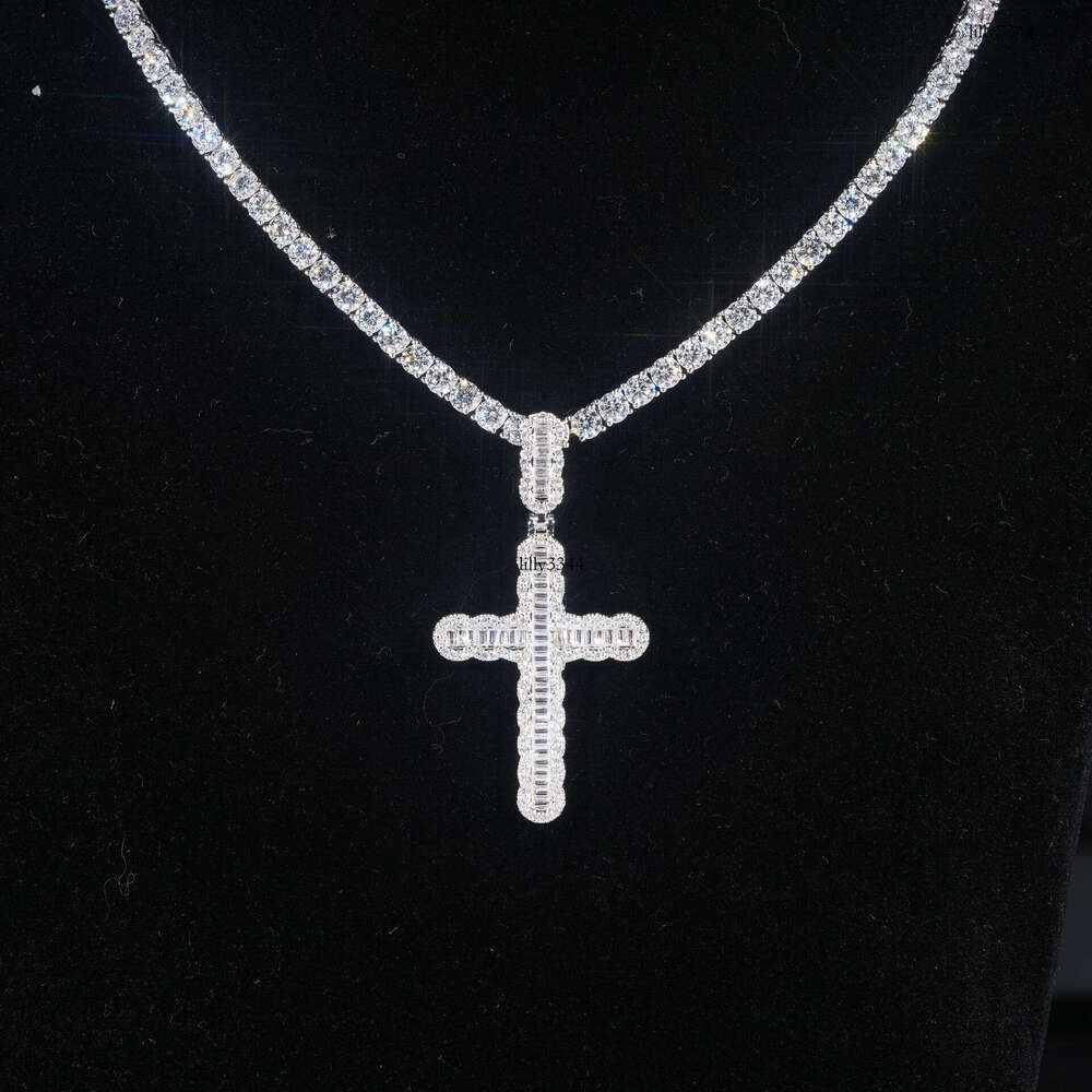 Straight Cross Pendant Sterling Silver Inlaid with Full Dia Moissanite chain Trendy HIPHOP Jewelry