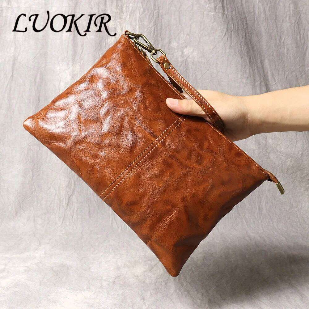 LUOKIR New Vintage Handmade Genuine Leather Men s Clutch Fashion Women Bag Large Capacity Cowhide Document Wristlet bag