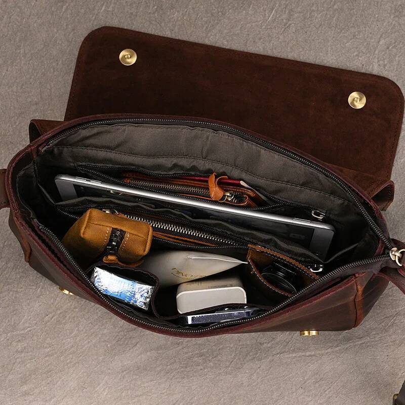 Men's Genuine Shoulder Crazy Horse Crossbody High Quality School bags Leather Messenger Bag for men male