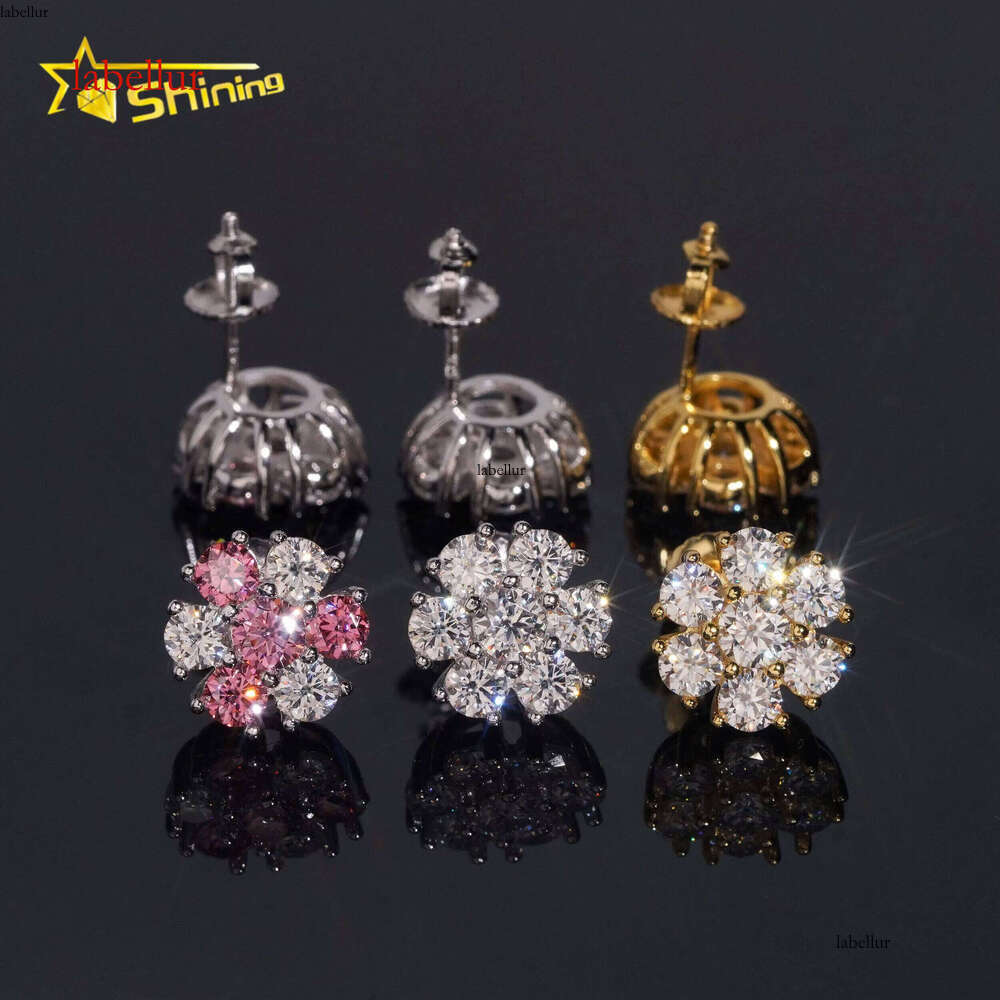 High Quality Hip Hop Pink Screw Back Sier Cluster Flower Men's VVS Moissanite Earrings