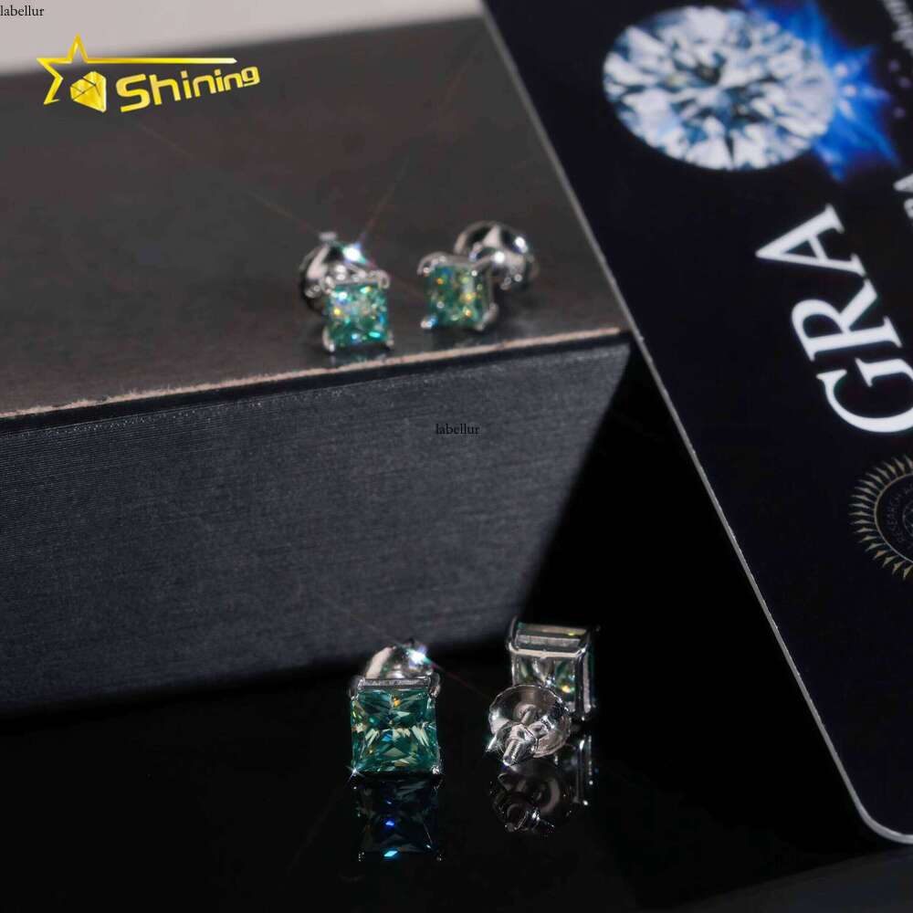 Classic Dia Earring Blue Green Princess Cut Mens Sterling Sier Square Moissanite Stud Earrings