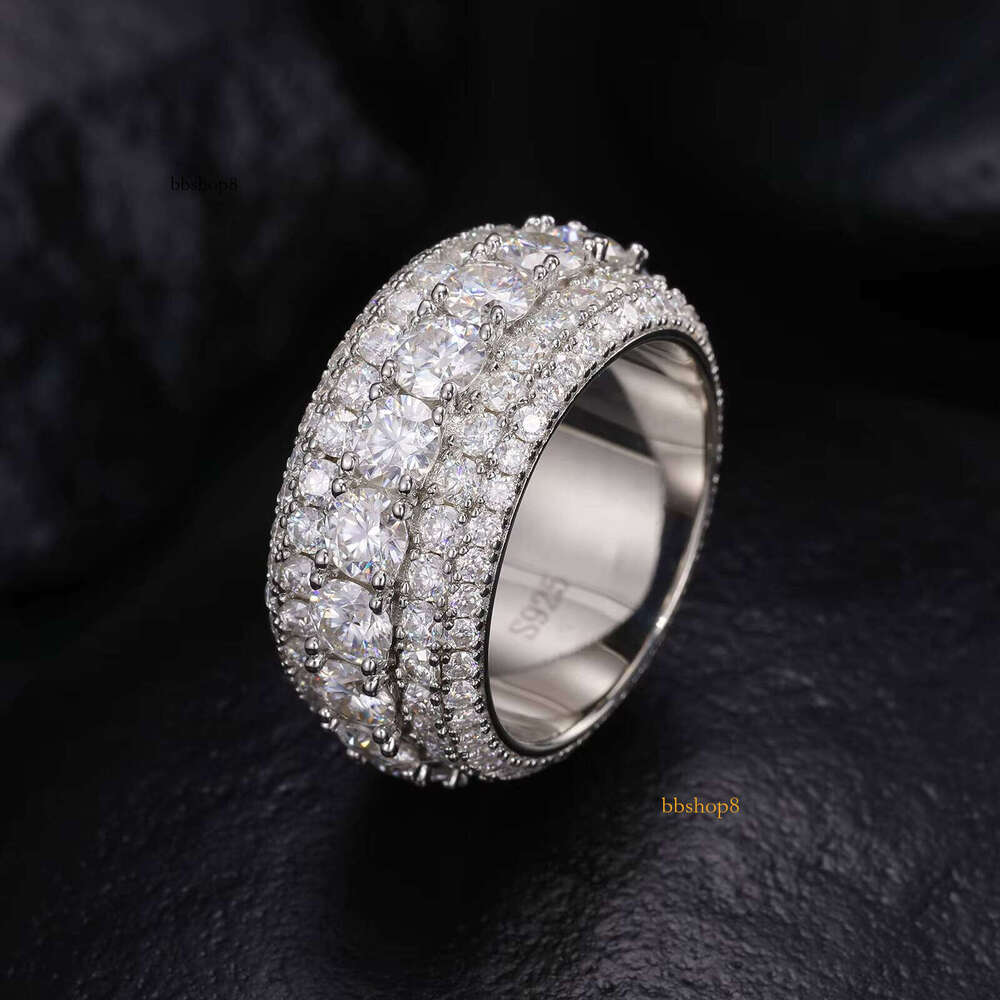 Luxurious 5-Row Moissanite Unisex Ring Pure Silver Shiny White Gold Finish Fashion Jewelry Wedding Party Gift