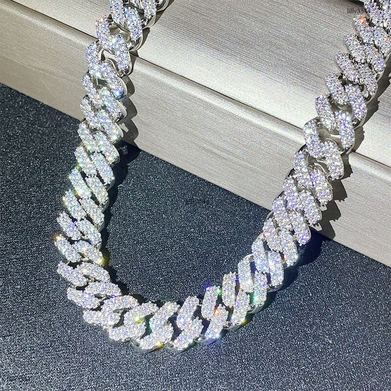 Sterling Silver Inlaid Moissanite chain Cuban Chain 13mm Two Row Stone Dia Hip Hop Jewelry Men's Necklace