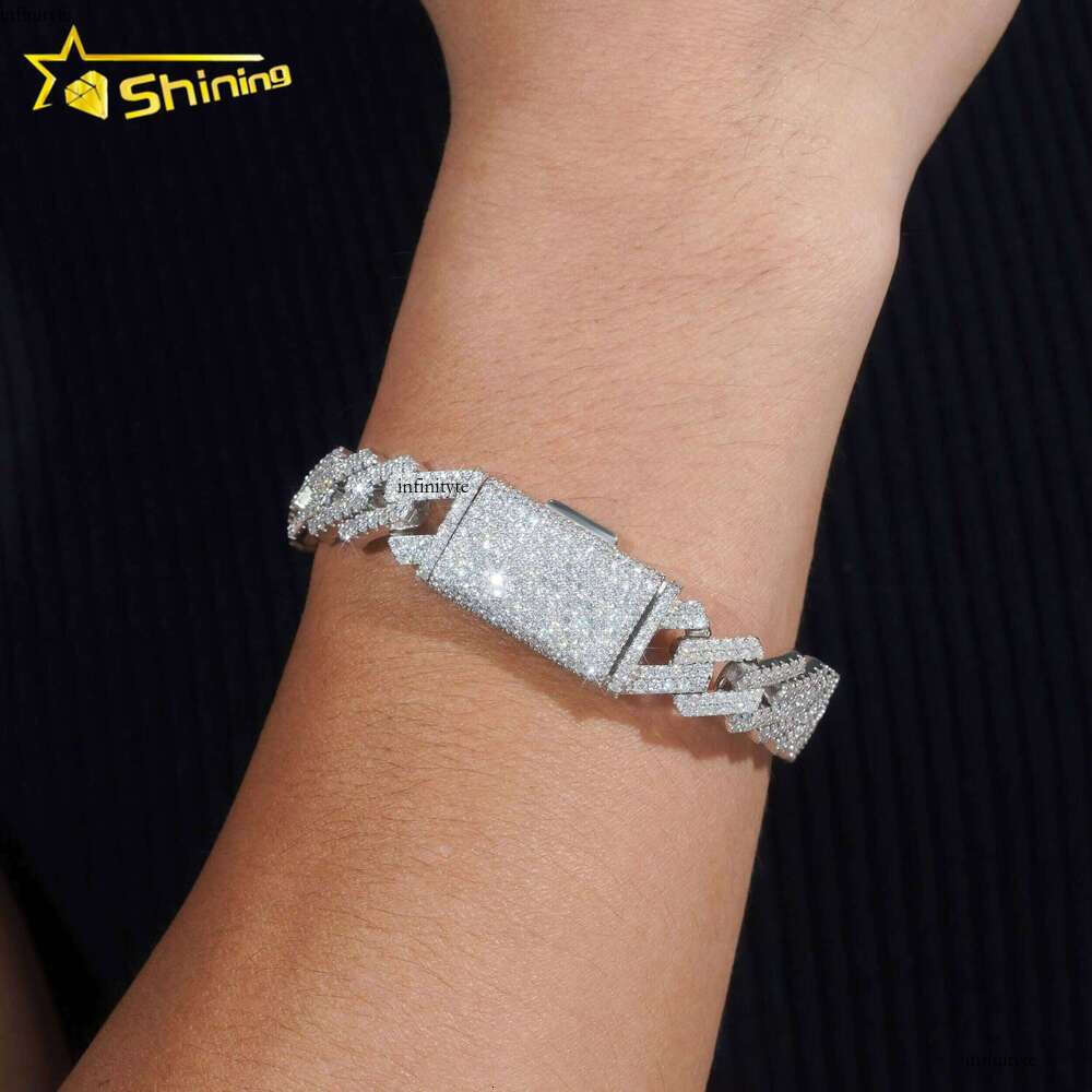 Trendy Two Rows 14mm Sterling Sier Hip Hop Fine Jewelry Vvs Moissanite Dia Cuban Link Bracelet Men