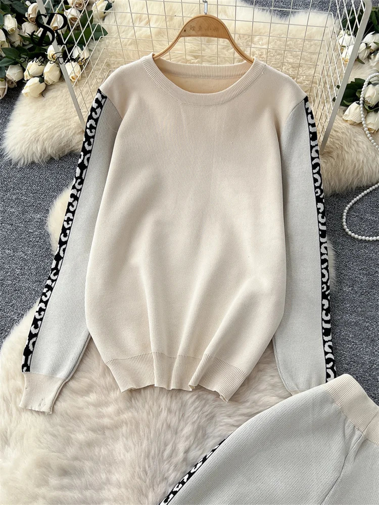 SINGREINY est Autumn Warm Women Suits O Neck Full Sleeves Loose PulloverWide Legs Long Pants Casual Print Knitting Sets 250808