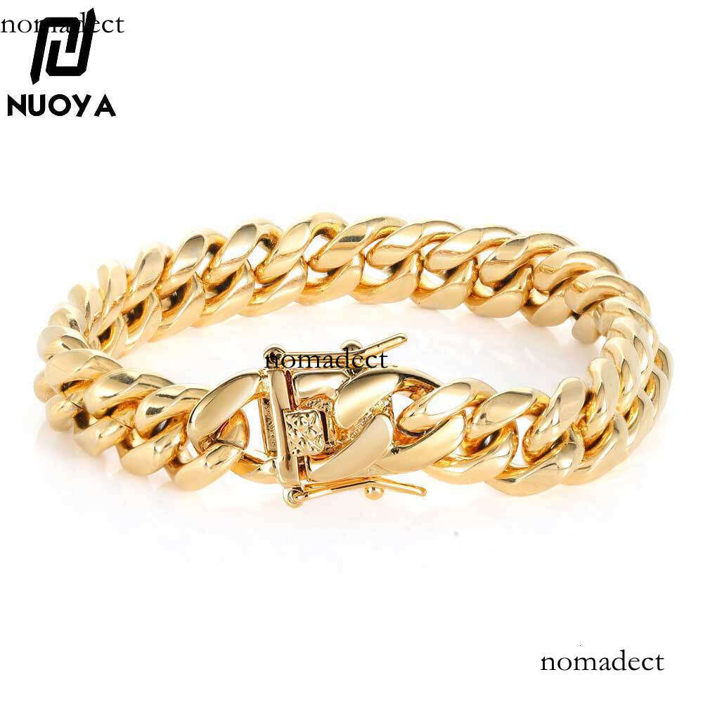 Hip Hop Buckle Encrypted Round Polished Stainless Cuban Real Gold Plated Miami Titanium Steel Men's Bracelet
