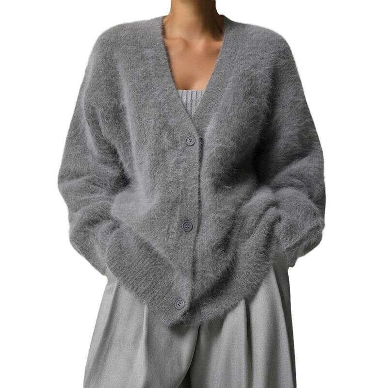 Women's Mink Knitted Cardigan Lazy Loose Long Sleeve V-Neck Sweater Jacket