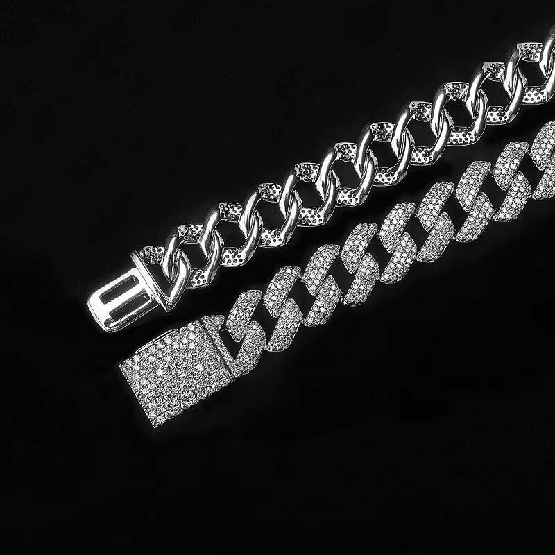 Moissanite Zircon Silver Factory Manufacture Decorative 12mm Cuban Link Necklace Brass Miami Cuban Chain Gold Plated Hiphop