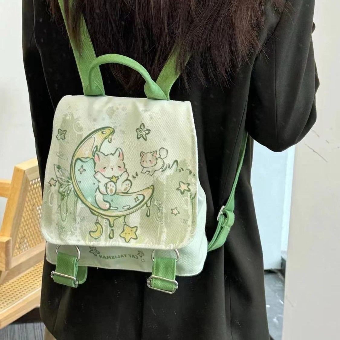 Green Cute Backpack for Women, Unique Design Canvas Bag, Small Backpack, New Style ddmymoon