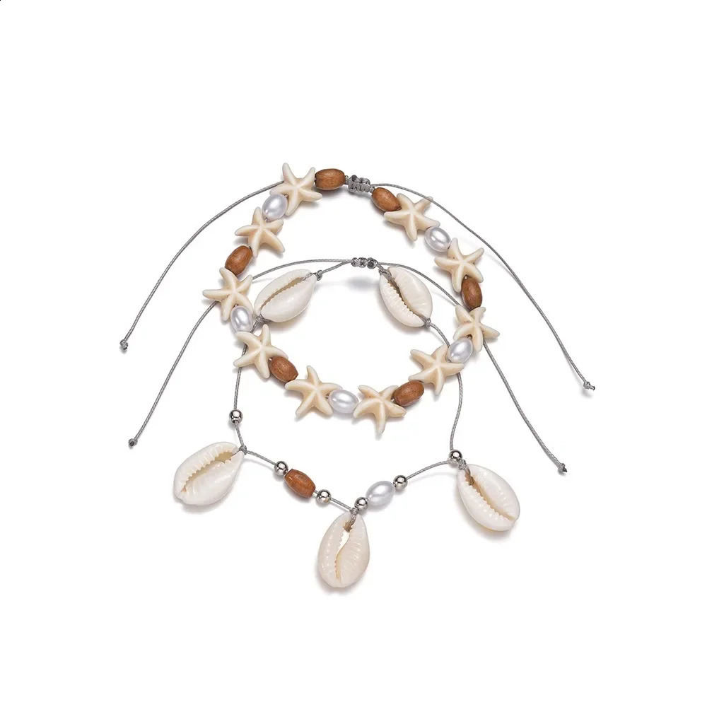 2Pcs Stylish Ocean Breeze Natural Shell Starfish Wood Beads Pearl Woven Adjustable Womens Anklets for Party Vacation Gift 250807