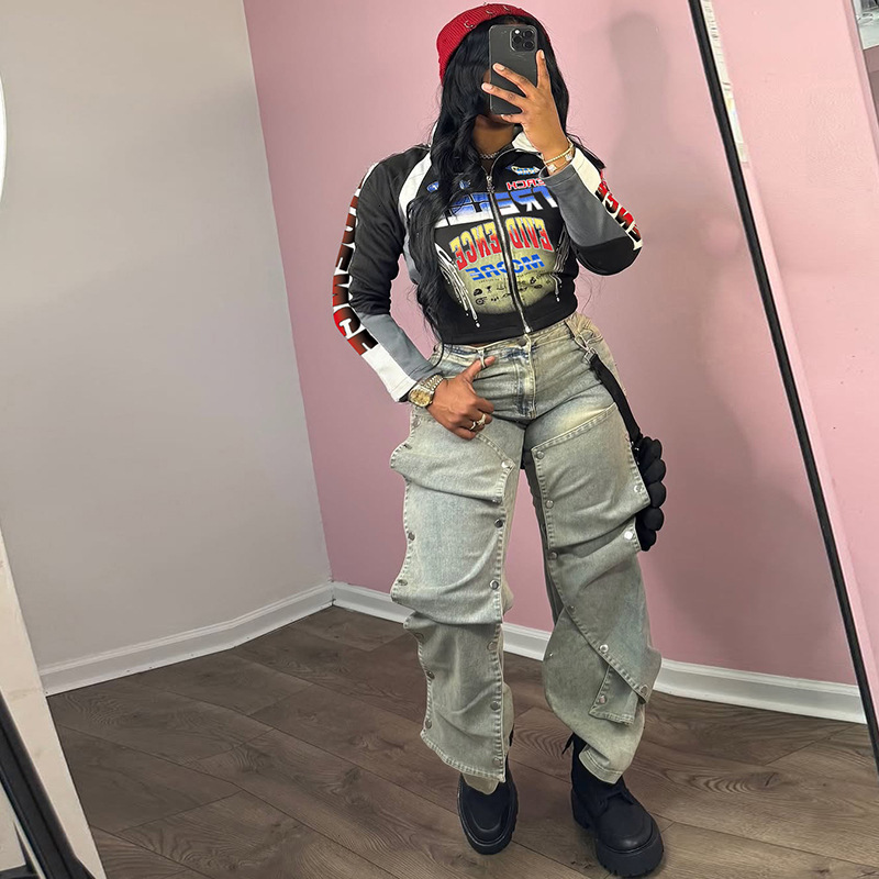 2025 Autumn New Style Slim Fit Half High Collar Printed Color Block Motorcycle Short Zipper Jacket for Women