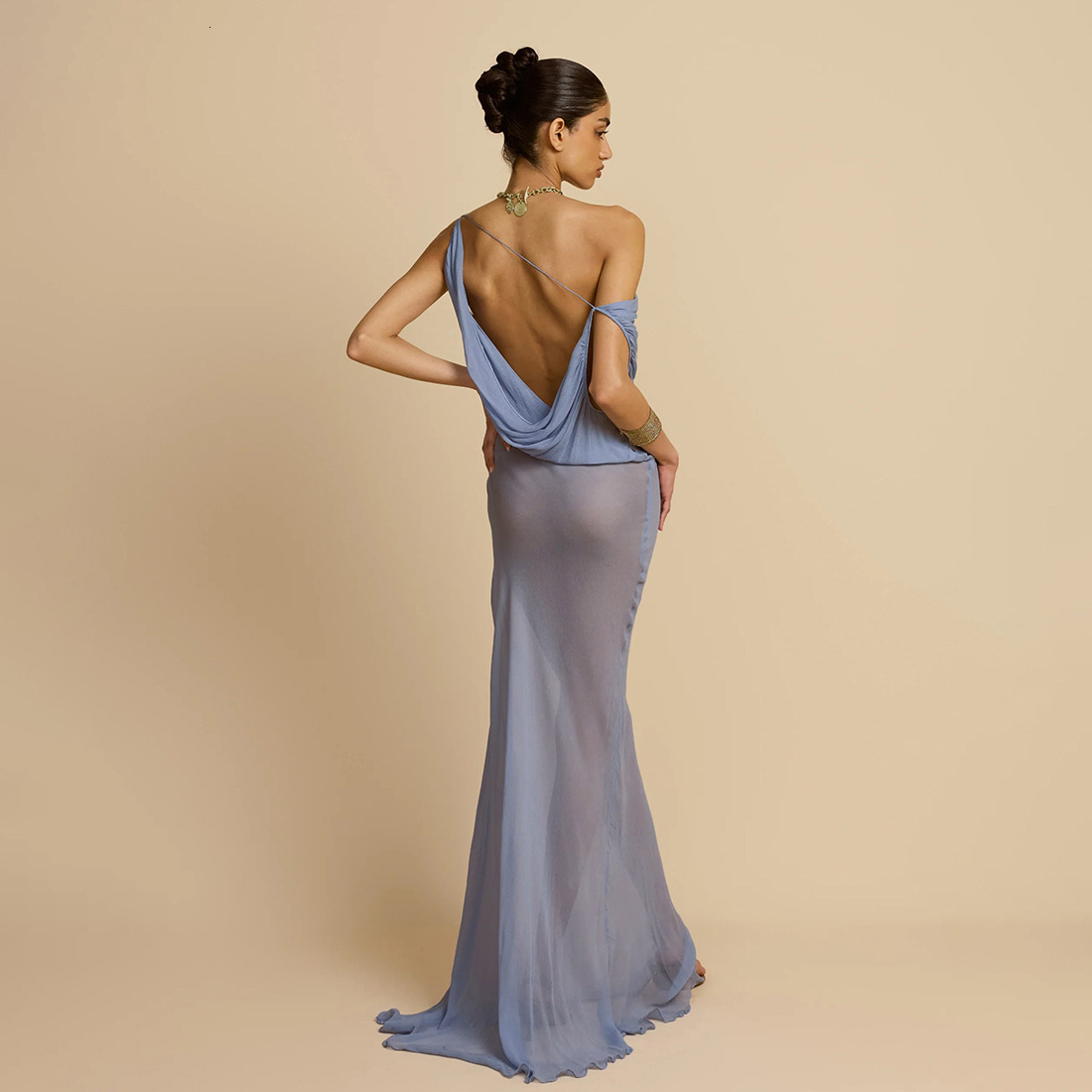 2025 Summer New Womens Fashion Sexy Mesh See-through Halter Backless Slim Long Dress