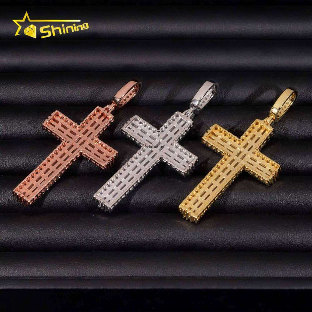 Shiny Baguette Sier Cross Men's Hip-Hop Iced Out Moissanite Pendant