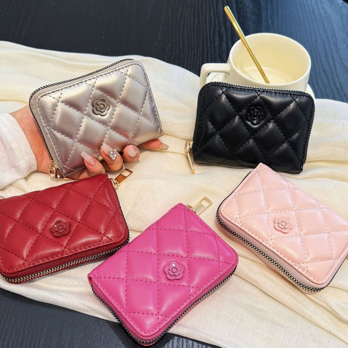 Soft Sheepskin Designer Bag Coin Purse Luxury Bag Small Card Holder Women's Embroidered Quilted Zipper Card Case Cross-border New Camellia Clutch