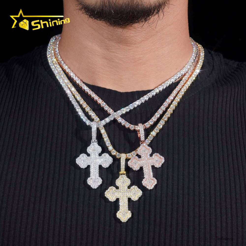 Ready to Ship Iced Out Cross Solid Sier with Moissanite Dia Hip Hop Pendant Necklace Jewelry Wholesale