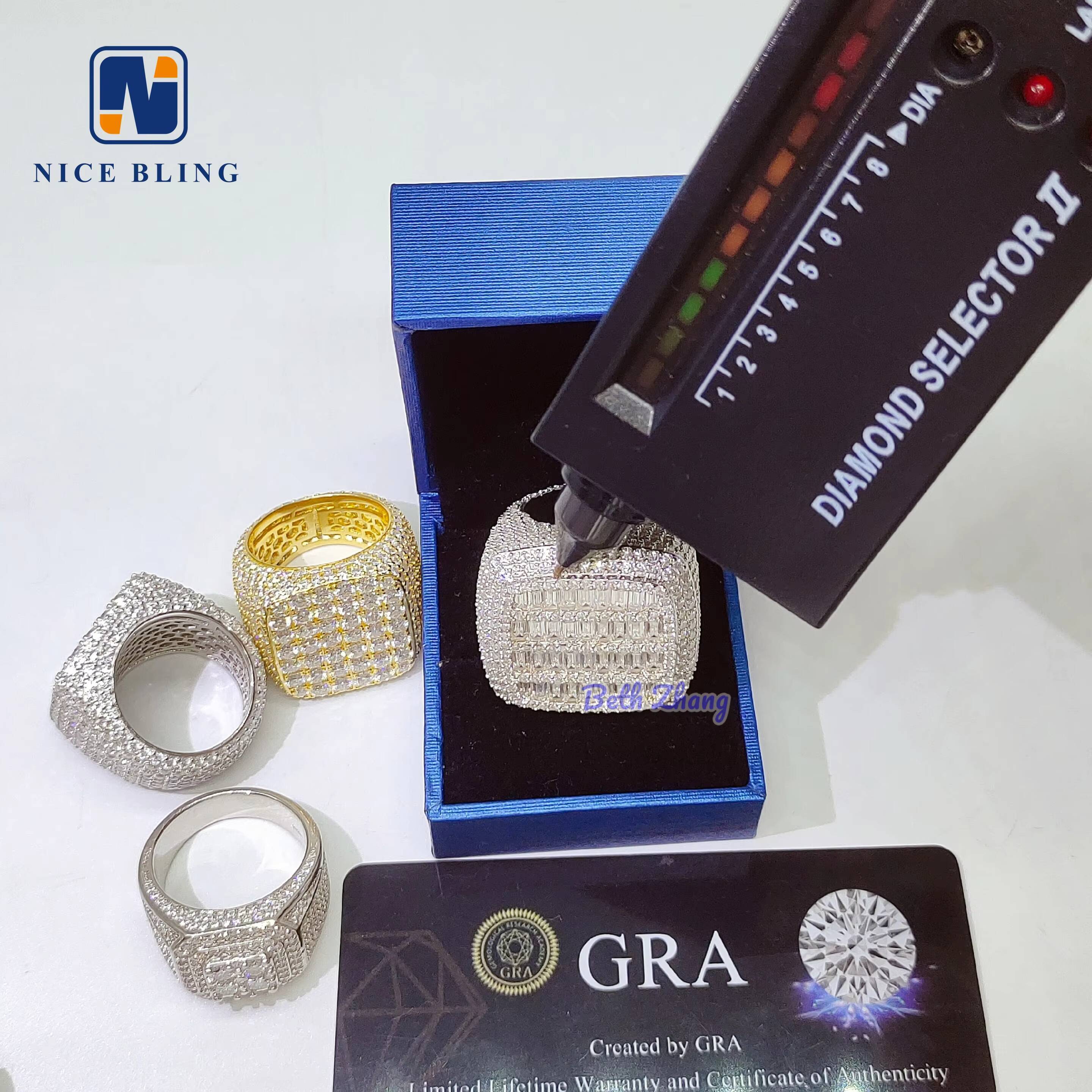 New Arrival Hip Hop Rings Vvs Moissanite Men Iced Out Rings 925 Silver square Shape baguette Diamond Engagement Fashion Rings