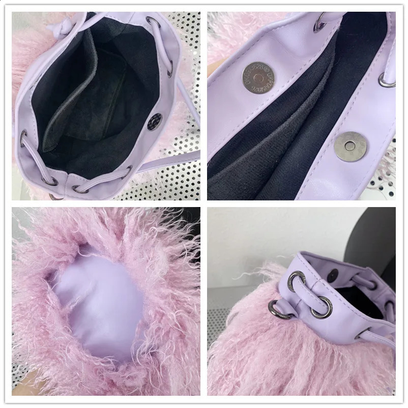 Wool Womens Plush Shoulder Bags Y2k Faux Fur Drawstring Bucket Bag Fashion Female Furry Purse Tote Handbags 250809