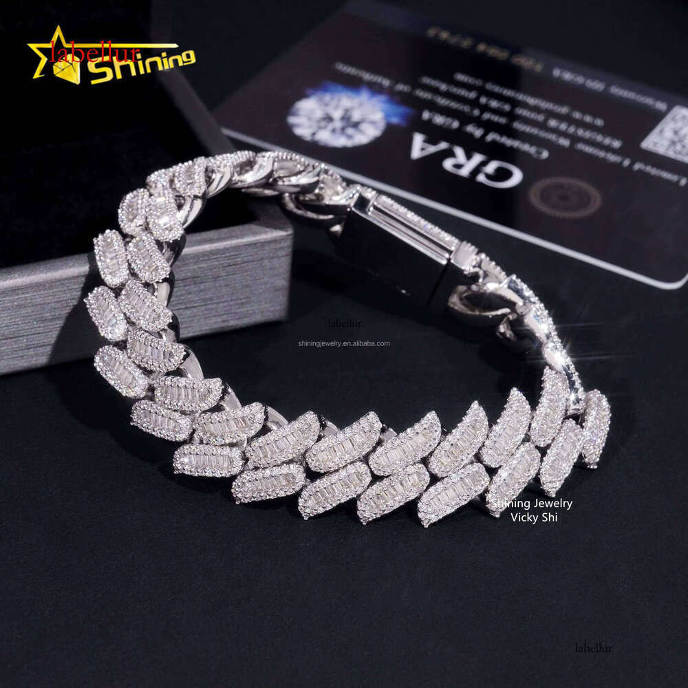 New Fashion Jewelry Rapper Hip Hop Sterling Sier Iced Out Fine Baguette Moissanite Cuban Bracelet