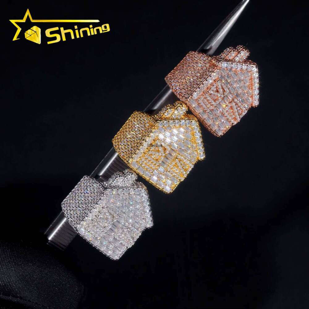 Luxury Rapper Hip-Hop Jewelry Gold-Plated Solid Pure Silver Full Iced Out Trap House Moissanite Ring