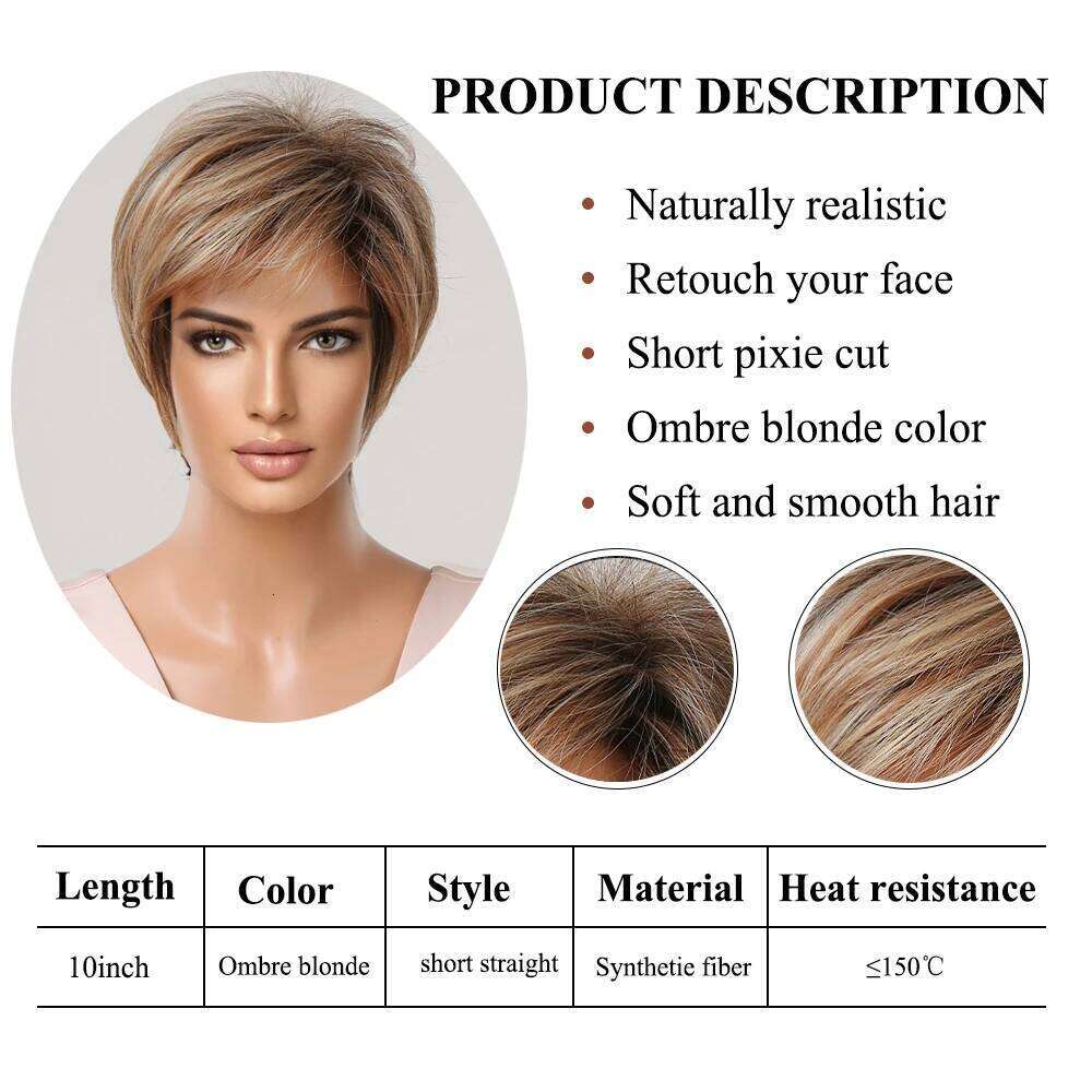 Light Blonde Ginger Synthetic Wigs Straight Short Pixie Cut Ombre Brown Wig with Fluffy Bangs for Women Natural Heat Resistant