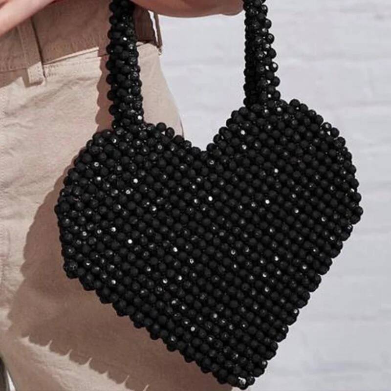 Summer Beach Women Handbag New Heart-shaped Top-handle Beaded Evening Beads Handmade Niche Design Personality Love Ladies Bag