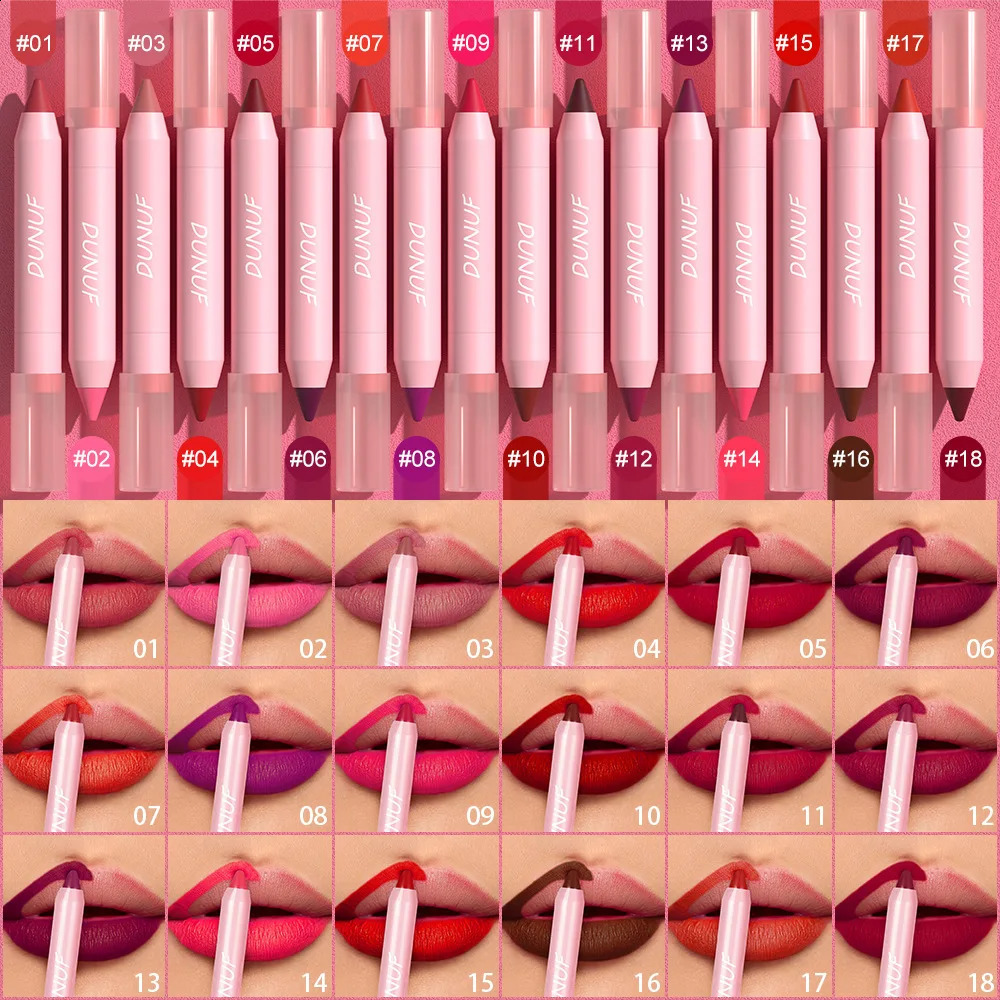 18-Colors Lipstick Pencil Waterproof Sexy Red Matte Contour Tint Lipstick Lasting Non-stick Cup Lipliner Pen Lip Makeup Cosmetic 250807
