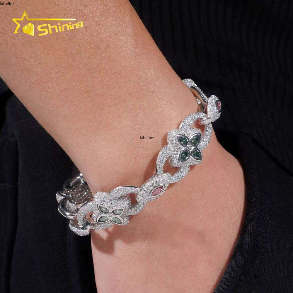 New Arrivals Iced Out Pink Blue Green Marquise Hip Hop Infinity Flower Style Sliver VVS Moissanite Bracelet Men Women
